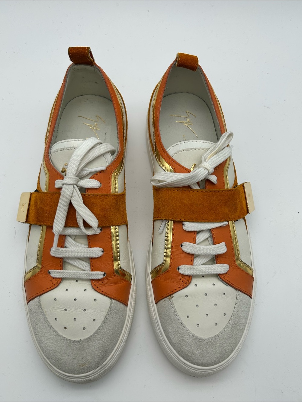 Giuseppe Zanotti Zenas Orange, White & Gold Leather Sneakers size 37 - Picture 2 of 11
